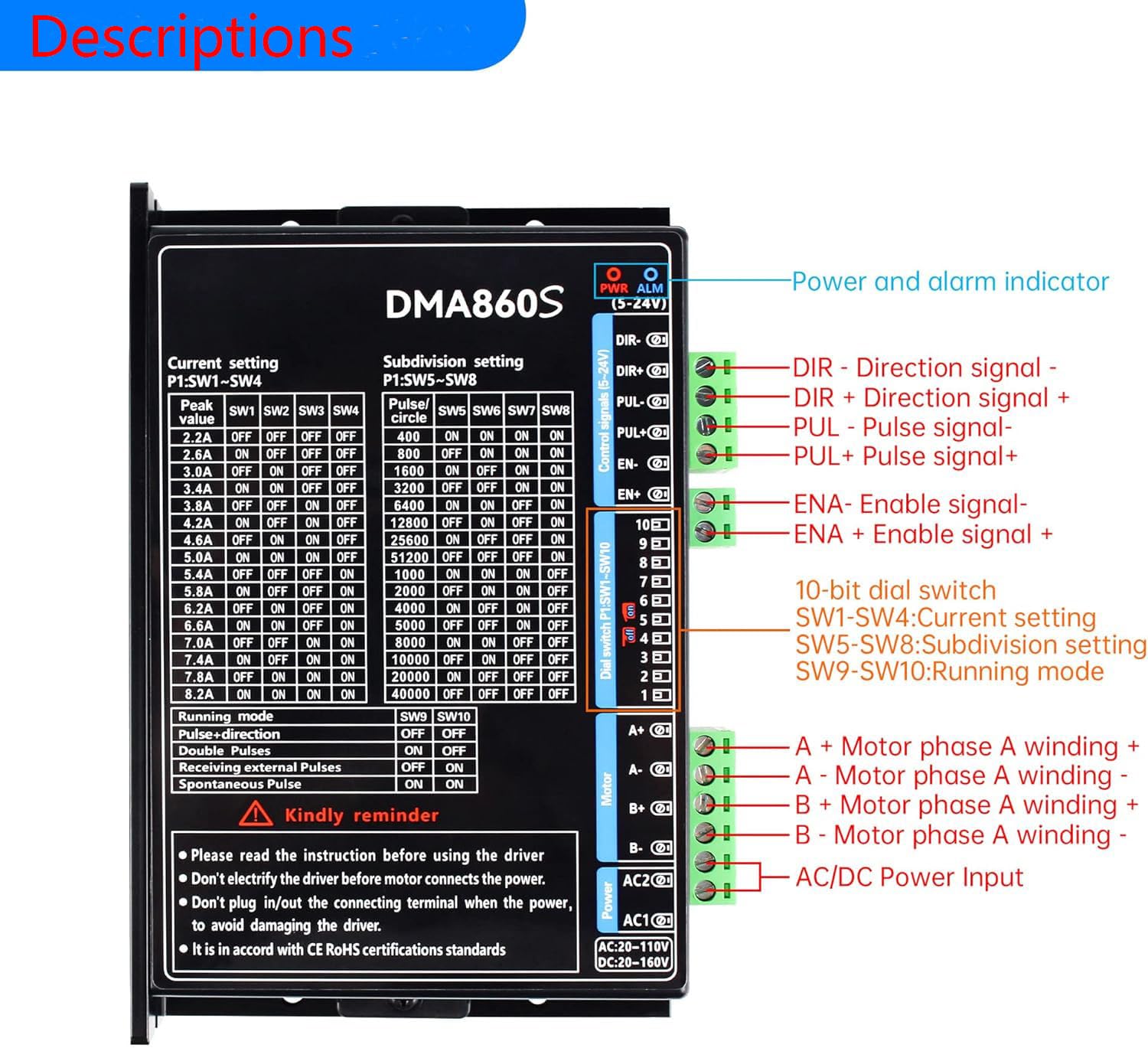 YIDOFENG CNC DMA860S Digital Stepper Driver AC18-110V and DC18